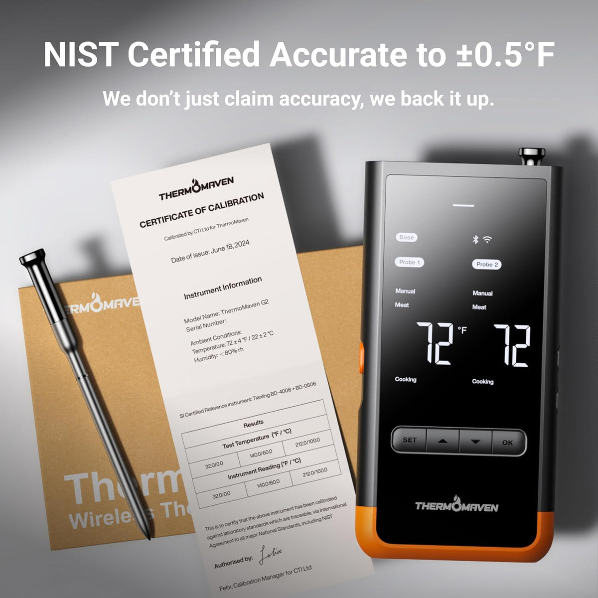 Wireless Bluetooth Smart Meat Thermometer: Standalone Base, Smart WiFi Thermometer with Sub-1G, 6 Sensors NIST Certified Accuracy, 2 Probes, for BBQ, Grill, Oven, Smoker, Rotisserie