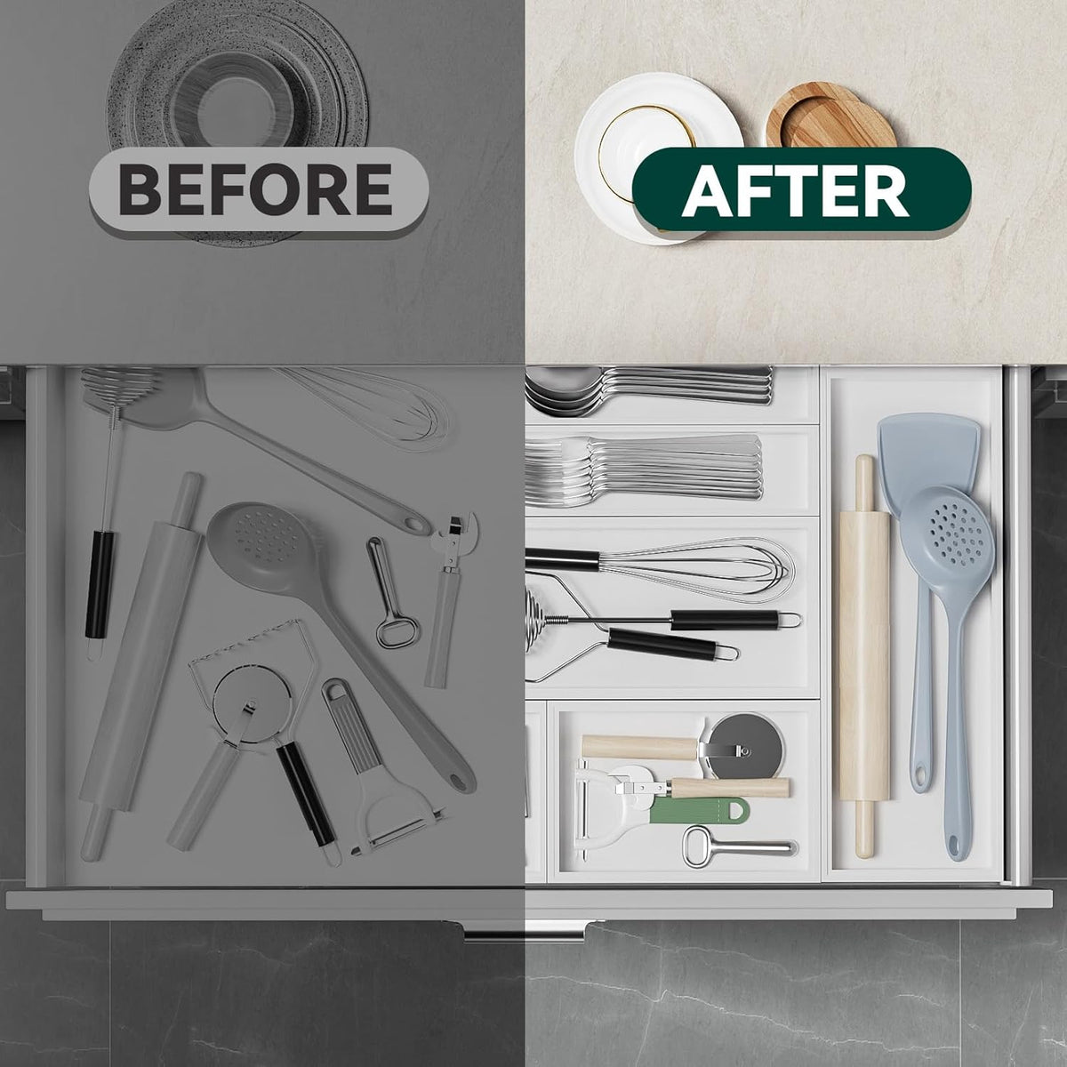 Bamboo Drawer Organizer, Extra Large Silverware Organizer for Kitchen Drawer, Stackable Utensil Organizer, 2 Pcs Toilet Tank Topper Tray, Wooden Toilet Paper Basket (White, 17 X 6 X 2 Inch)