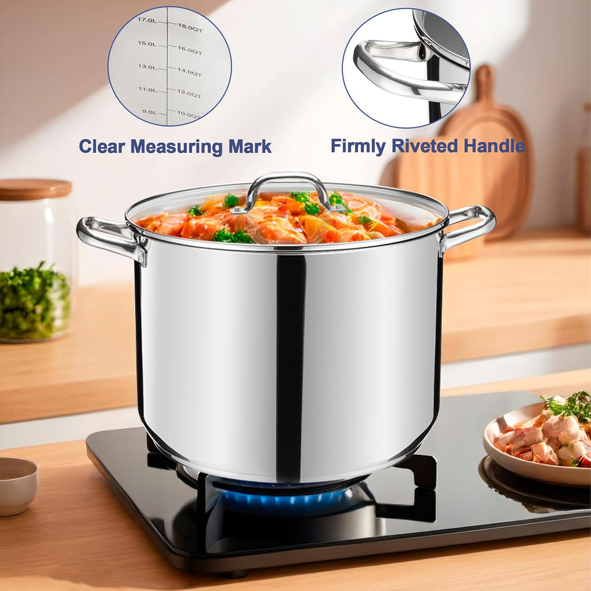 20 QT Stainless Steel Large Stock Pot, LIANYU Heavy Stockpot with Glass Lid, Deep Soup Canning Pot for Stewing Simmering, Tri-ply Base for Induction, Halogen Cooktops, Dishwasher Safe