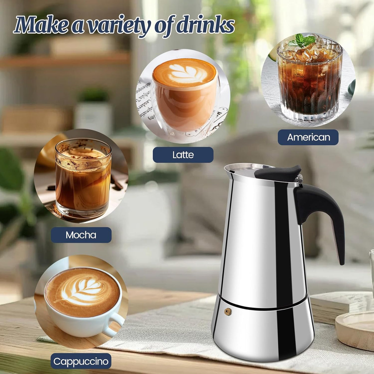 9 Cup Moka Pot Stainless Steel 450ml Italian Espresso Coffee Maker Stovetop Coffee Makers Mocha Pot Percolator Greca Coffee Maker for Induction Stove Portable for Easy Brewing Tummy