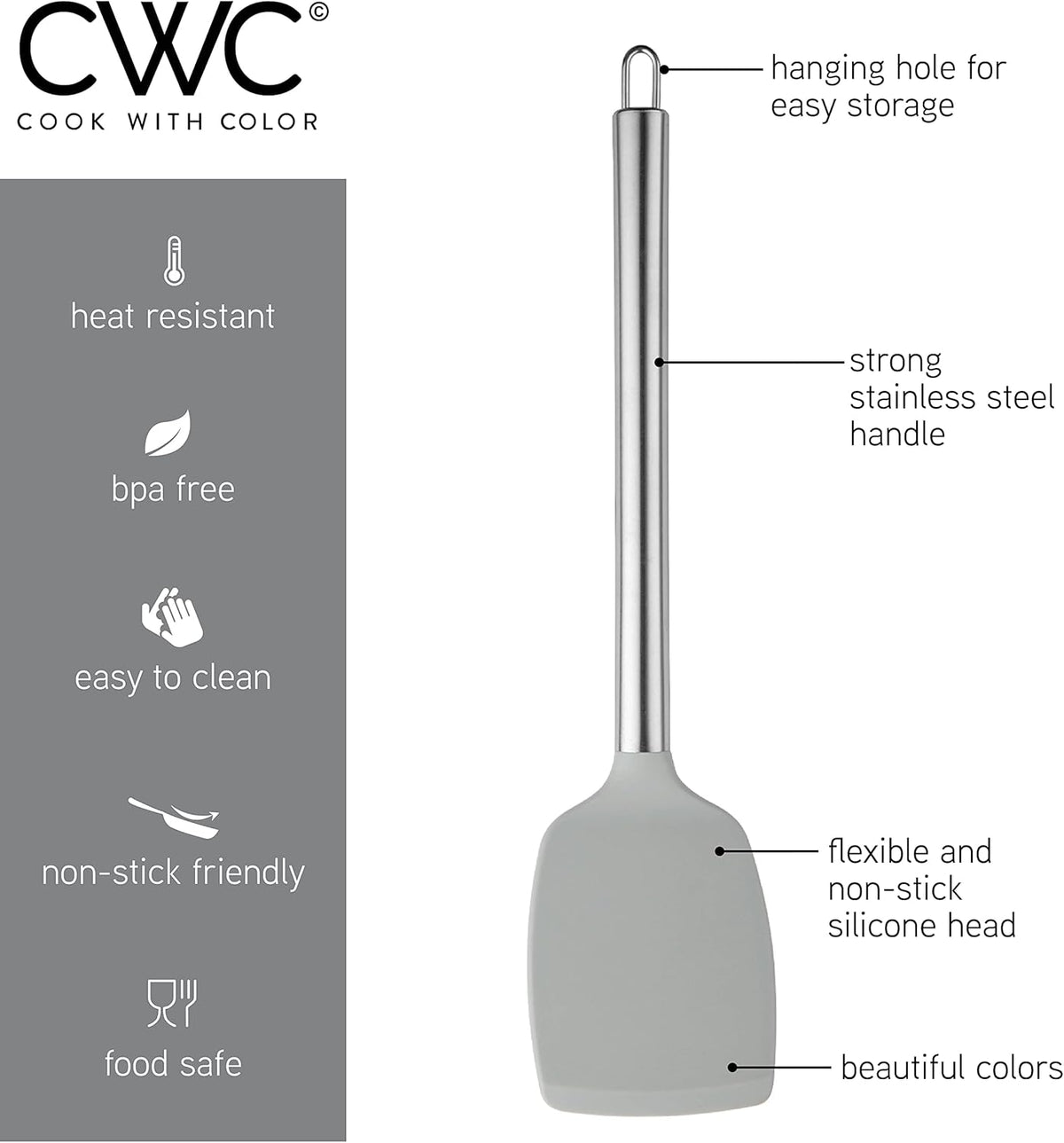COOK WITH COLOR Silicone Cooking Utensils, Kitchen Utensil Set, Easy to Clean Silicone Kitchen Utensils, Cooking Utensils for Nonstick Cookware, Kitchen Gadgets Set, 5 Pieces, Grey Ombre