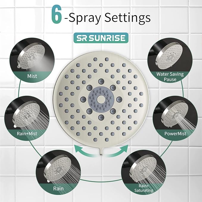 SR SUN RISE Filtered Shower Head with Filters- High Pressure Rain Shower Head,with 20-Stage shower Filter,6 Spray Modes for Hard Water Softener, Remove Chlorine (Brushed Nickel,5.5 Inch Round)