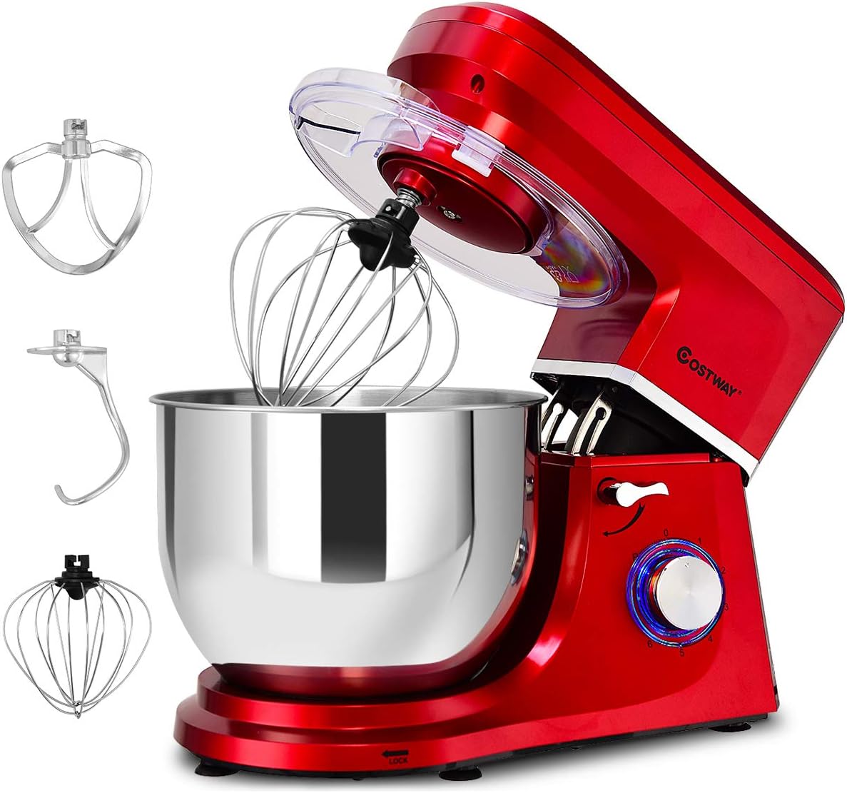 COSTWAY Stand Mixer, 7.5-Quart 660W 6-Speed Electric Mixer with Stainless Steel Bowl, Tilt-head Food Mixer with Dough Hook, Beater, Whisk (Red)