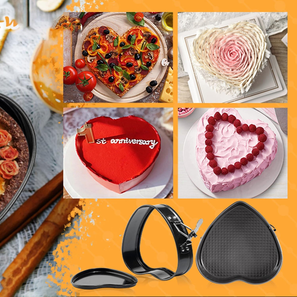 Springform Cake Pan Set of 3 (7, 8, 9 Inch) Heart Round Square Leakproof Nonstick Cheesecake Pans with Removable Bottom Carbon Steel Bakeware