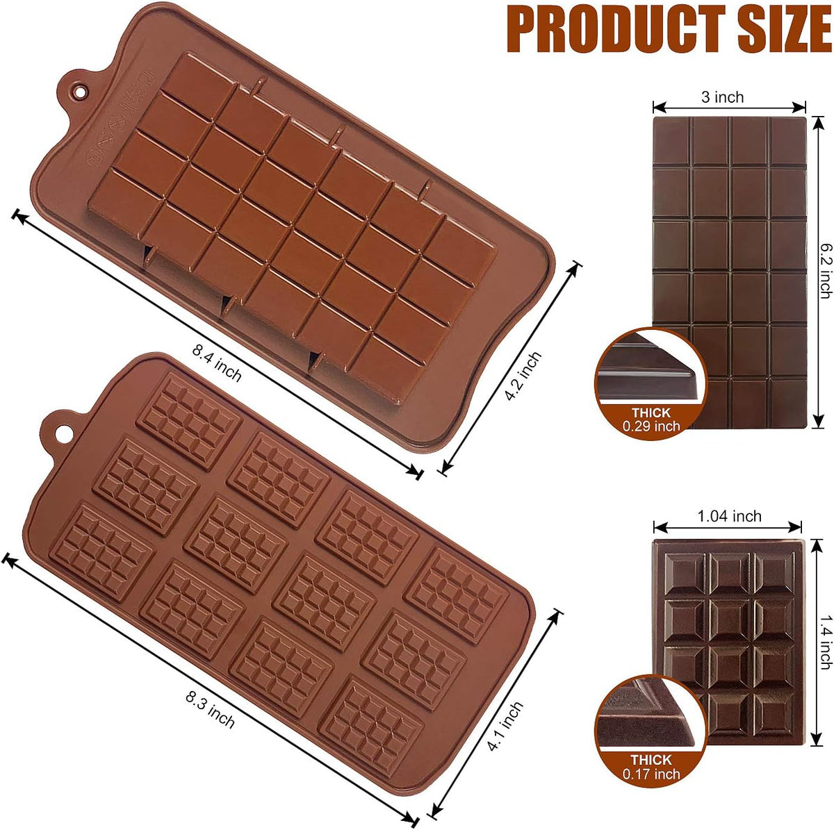 Walfos Break-Apart Chocolate Molds, Non-Stick Silicone Chocolate Bar Mold, Food Grade Candy Bar Mold, Perfect for Energy Bar, Cocoa Mini Bar, Basic Bites, 2 Pack