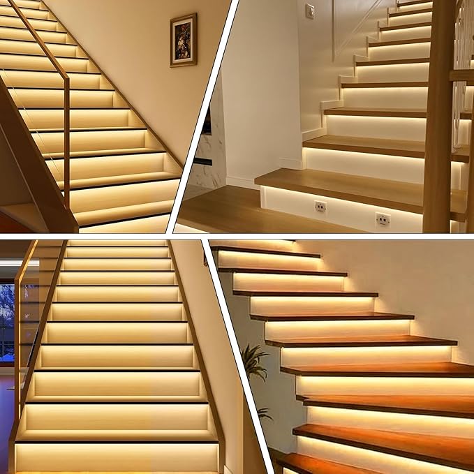 Motion Sensor LED Stair Light Kit, Multiple Working Mode Step Lights Including 3.28ft Cuttable COB LED Strips Indoor (16Stairs,3000K)