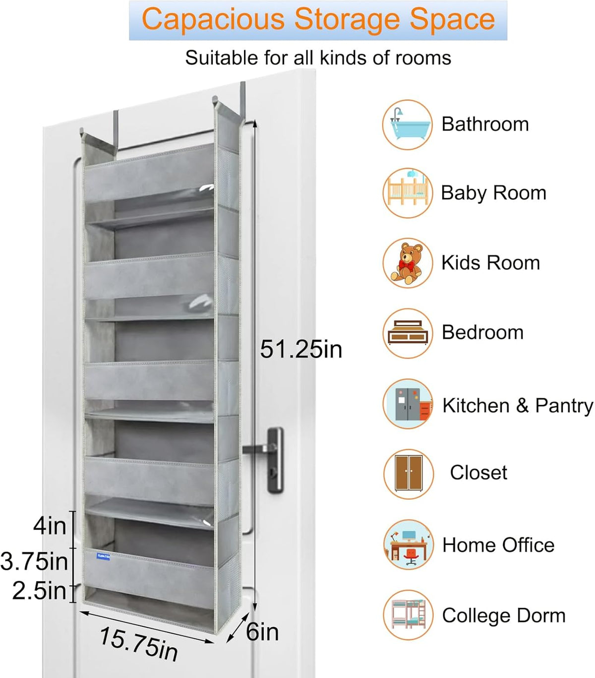 Extra Large Over The Door Organizer Storage 5-Shelves and 10 Side Pockets, Heavy Duty Hanging Door Organizer for Closet Bathroom Bedroom Nursery Pantry, Grey