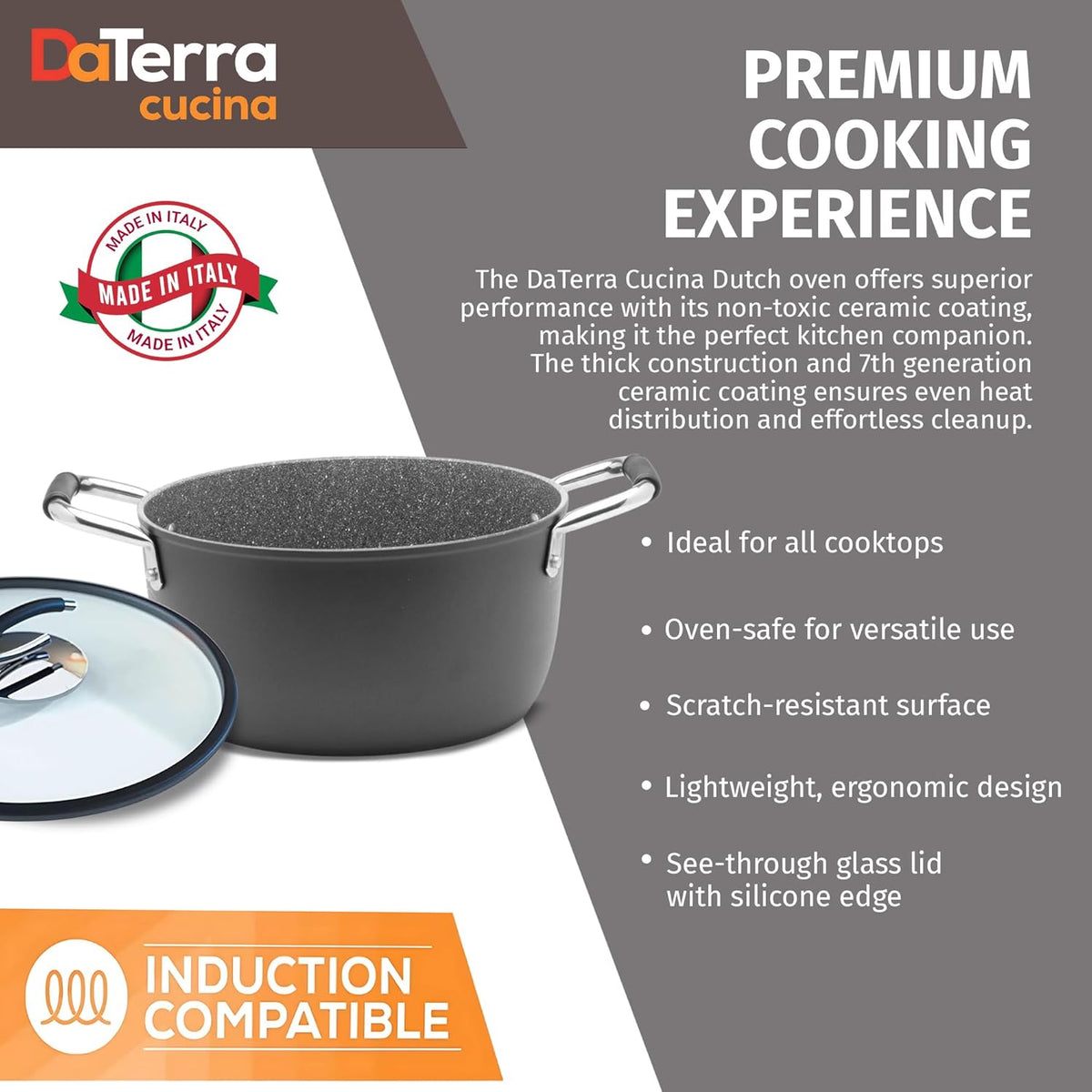 DaTerra Cucina - 5 Qt Nonstick Ceramic Dutch Oven Pot with Lid – Lightweight Nonstick Pot with Dual Handles, Perfect for Soup, Pasta, Sautéing, Searing, Induction & Stovetop Safe - Black
