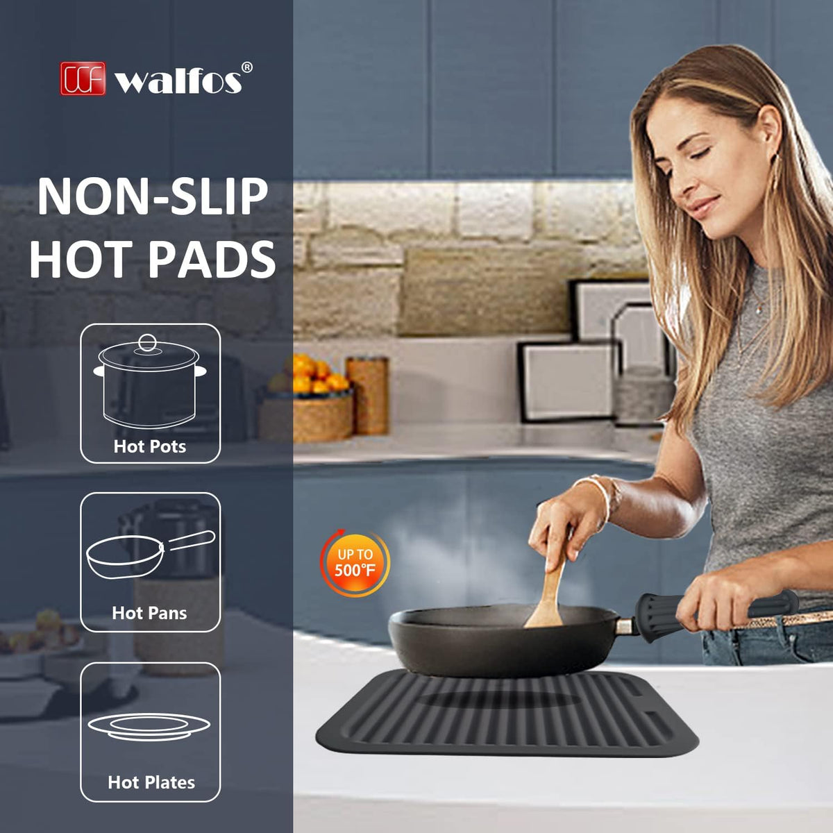 Walfos Silicone Trivets for Hot Pots and Pans - Heat Resistant Hot Pads for Kitchen Counter- Multi-Purpose & Versatile Trivet Mat - Long-Lasting & Flexible Silicone Hot Pad
