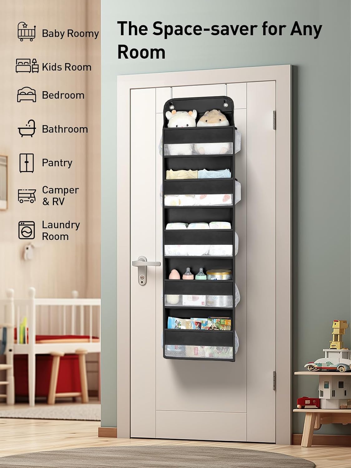 Yecaye 1 Pc Over the Door Organizer with 5 Bins 10 Side Pockets, 44lbs Load Hanging Bathroom and Bedroom Organizer, behind the Door Hanging Organizers for Nursery Newborn Baby Essential Stuff Black