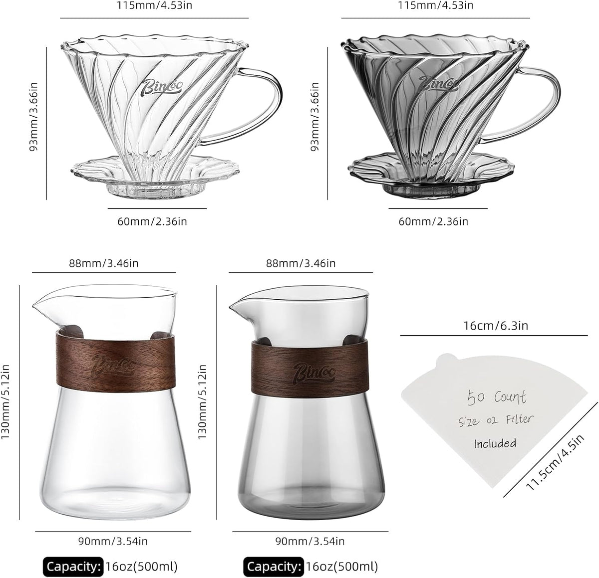 Pour Over Coffee Maker Set, Drip Coffee Maker, Included Borosilicate Glass Coffee Carafe & Coffee Dripper & 50 Pcs Size 02 Paper Filter, 16oz(500ml) (Clear Set)