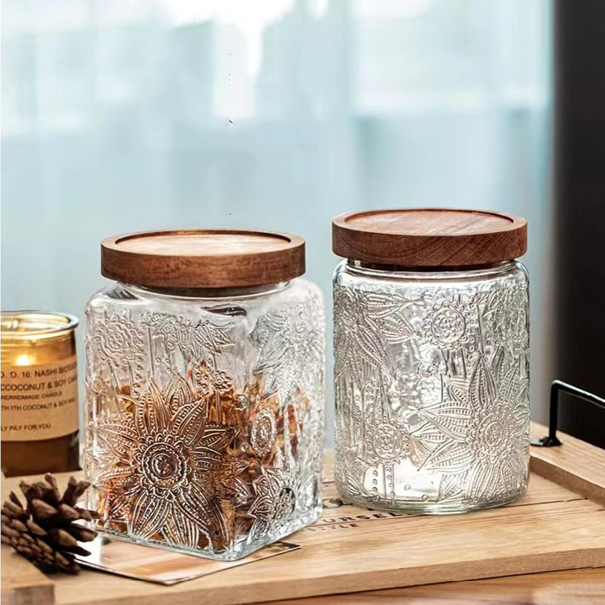 Snminetal Vintage Glass Airtight Storage Jar, With Airtight Wood Lid, Kitchen Food Storage Containers,for Kitchen Counter, Pantry, Tea, Sugar, Coffee Tea Beans,Food Storage Jar (Sunflower*2+plum*2)