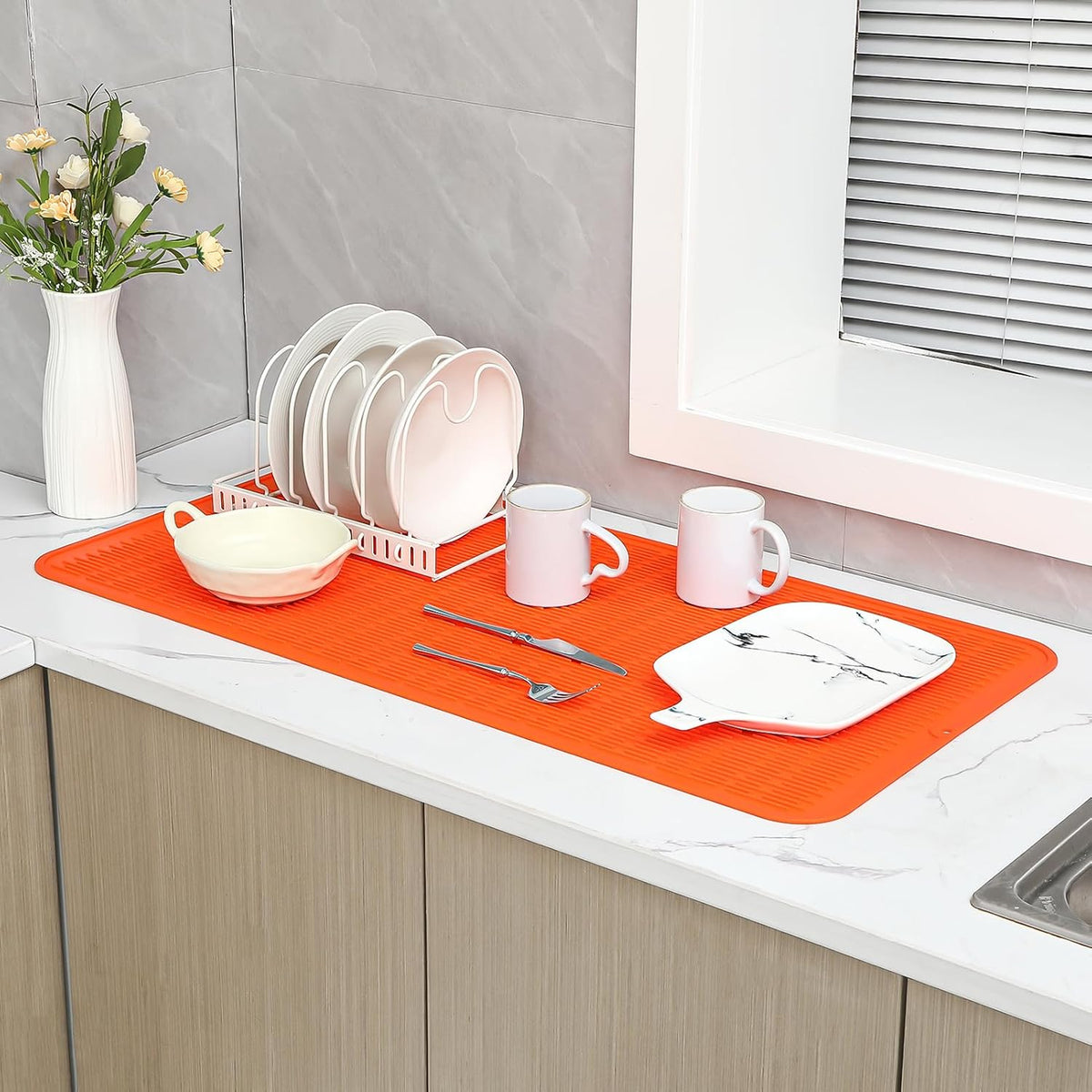 Silicone Dish Drying Mat for Multiple Usage,Easy clean,Eco-friendly,Heat-resistant Silicone Mat for Kitchen Counter or Sink,Refrigerator or Drawer Liner Orange 5XL 36inches x 18inches
