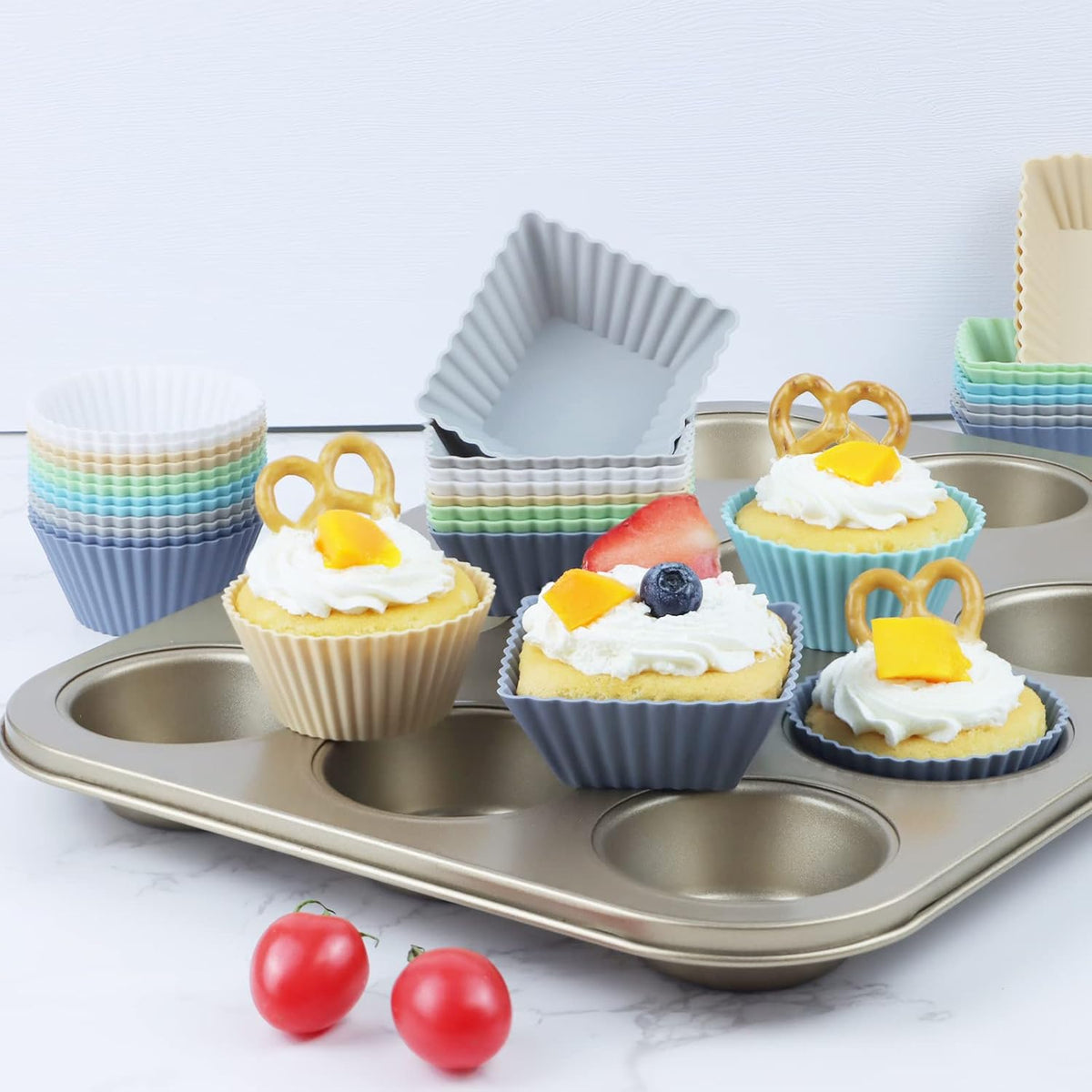 24-Pack Silicone Cupcake Liners, Reusable Muffin Cups – Round, Square & Rectangle Baking Cups, Non-Stick, Easy to Clean, Bento Box Accessories, Lunch Box Dividers for Kids