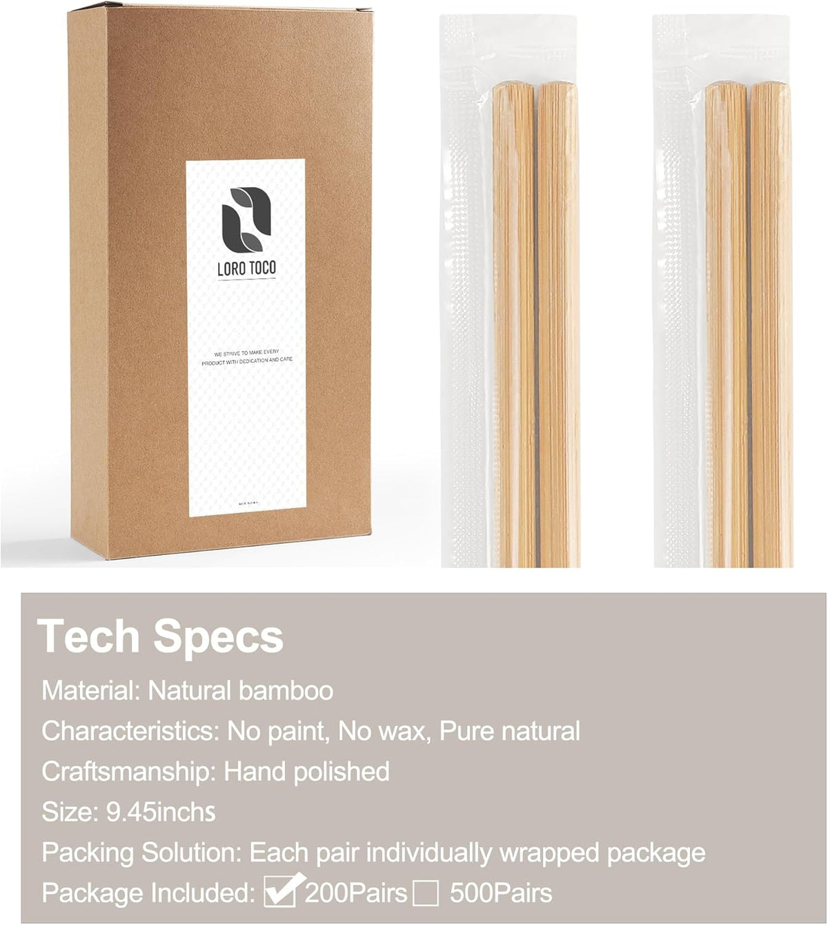 200Pairs Bamboo Chopsticks Disposable | Individually Wrapped | Bulk | Separated | Round | Premium Quality-(9.45in)