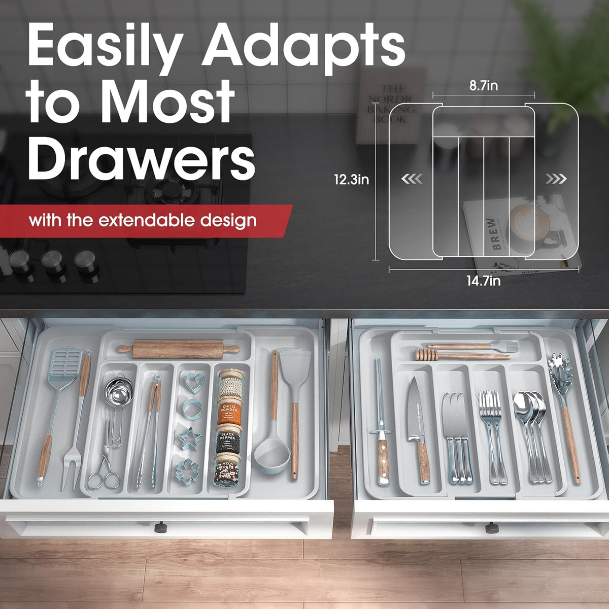 AUJEN Silverware Organizer - Expandable Kitchen Drawer Organizer, Adjustable Utensil Organizer, Cutlery Tray for Forks, Knives, Multipurpose Kitchen Organizers and Storage Solution, Light Grey, Medium
