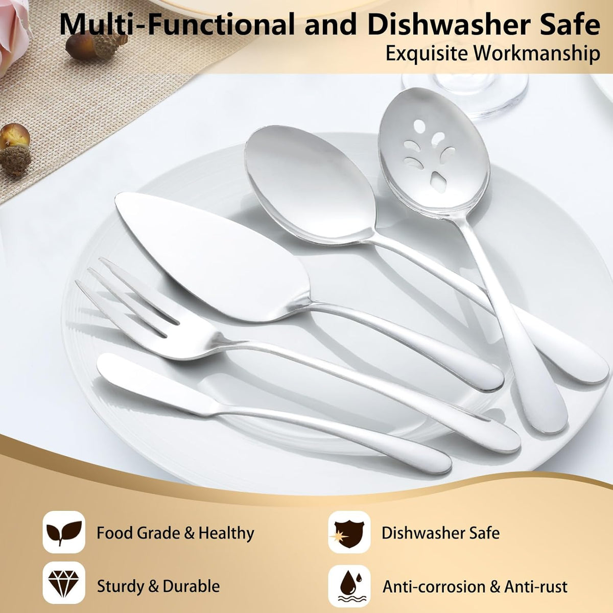 Pleafind 65-Pieces Silverware Set for 12 with 5 Serving Utensils,Stainless Steel Cutlery Set, Include Forks Spoons and Knives Set, Mirror Polished Utensil Sets for Home Restaurant,Dishwasher Safe