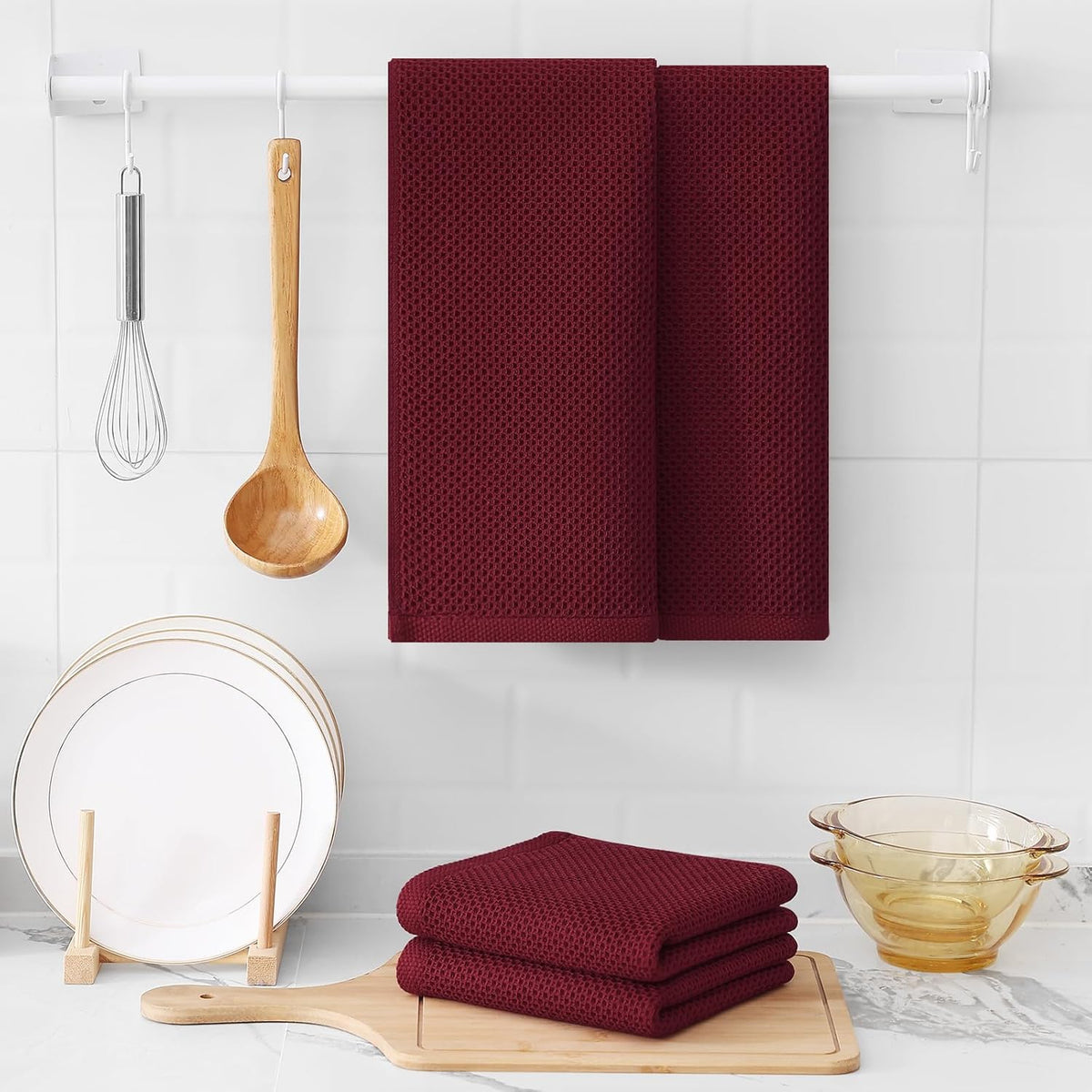 Kitinjoy 100% Cotton Waffle Weave Kitchen Towels, 8-Pack Super Soft and Absorbent Dish Towels for Drying Dishes, Kitchen Hand Towels, 13 in x 28 in, Burgundy