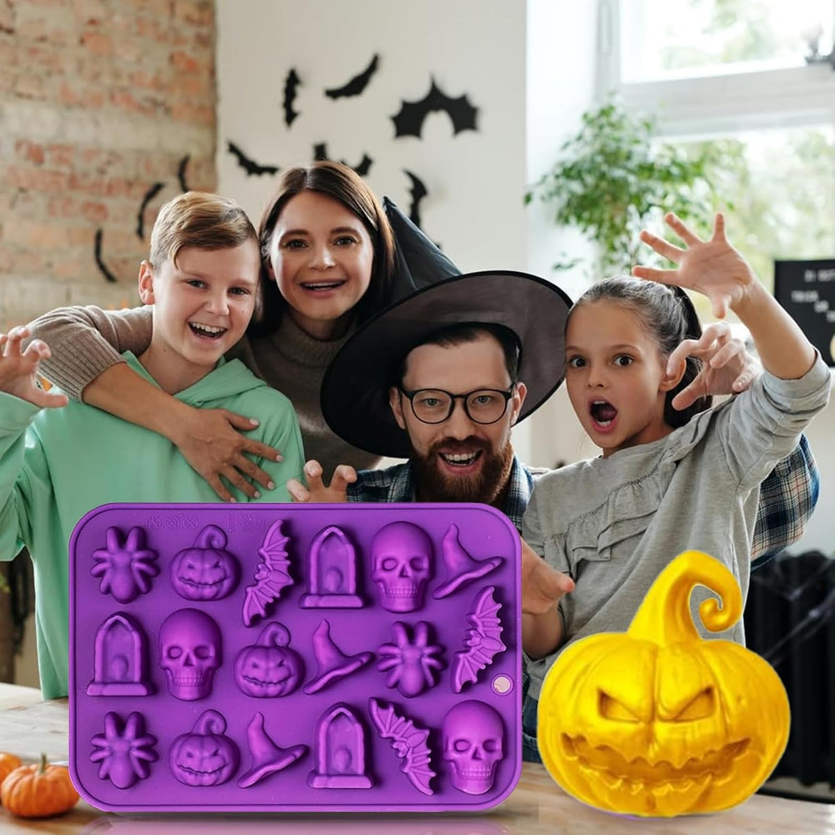 Halloween Chocolate Mold Silicone,18 Cavity Candy Gummy Mold with Pumpkin Wizard Hat Bat Spider Tombstone for Baking Chocolate Jelly Gummy Dessert (2pcs)