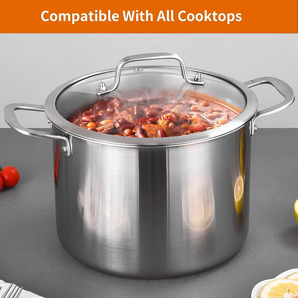DELARLO Tri-Ply Stainless Steel Soup Pot 12QT, Tri-ply Big Pots for Cooking, 18/10 whole clad Stainless Steel Pot, Fast Even Heat, 12 QT Stock cookware with Lid, Pasta Pot, Induction Ready Up to 600℉