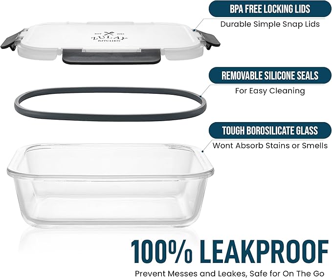 Zulay Kitchen 5 Pack Glass Meal Prep Containers with Lids - Airtight, Premium Borosilicate Glass Food Storage Containers - Microwave, Freezer & Oven Safe, BPA Free - Gray