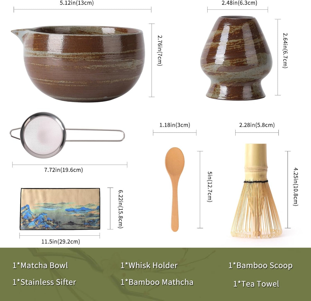 Japanese Matcha Whisk Set - 6-Piece Kit with Bamboo Chasen, Matcha Ceramic Bowl with Spout, Stainless Steel Sifter Brown