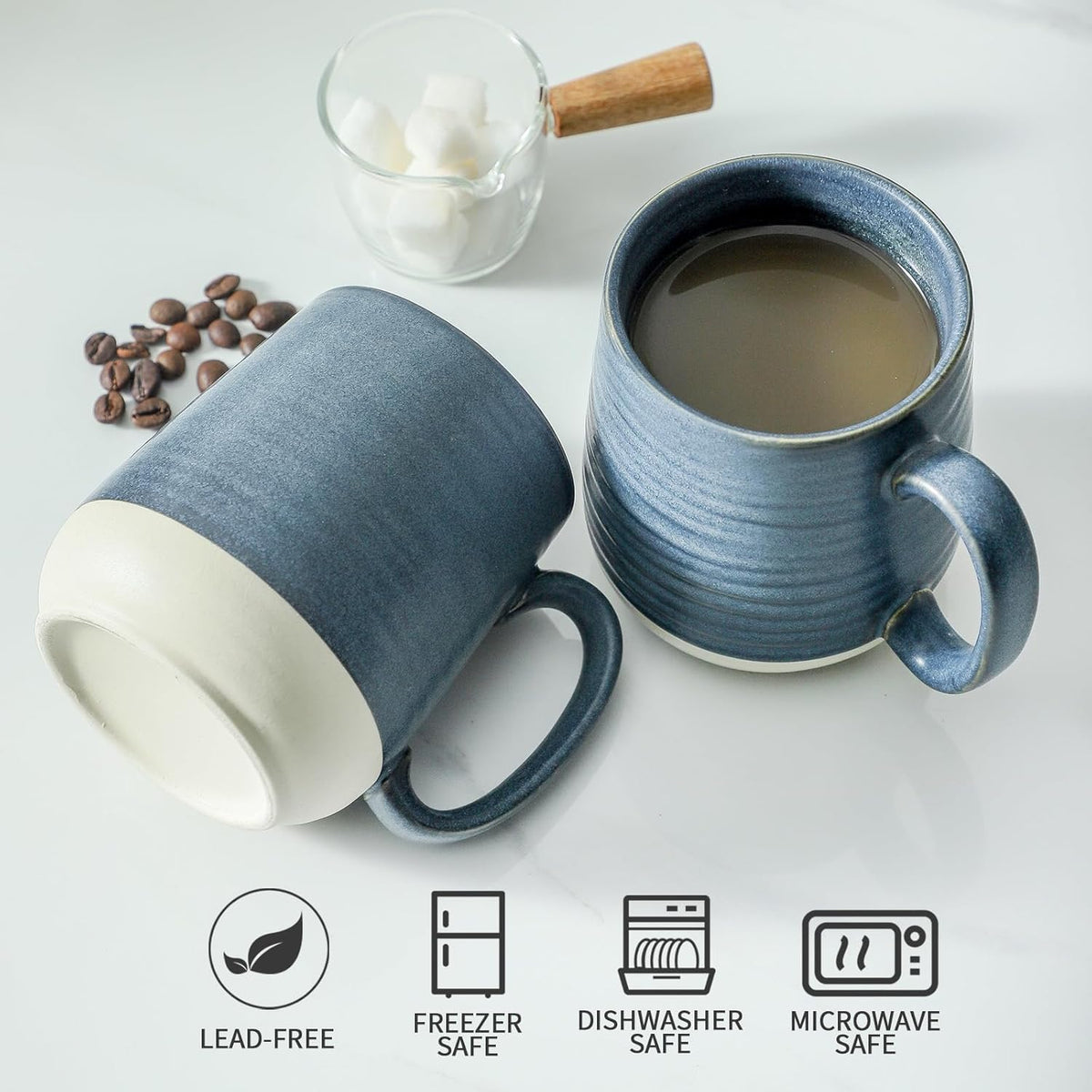 Hasense Coffee Cups, 15 oz Coffee Mugs Ceramic with Handles Set of 6, Tea Cup for Home and Office, Stylish Colorblocking Mug for Coffee, Tea, Latte, Cocoa, Dishwasher Microwave Safe, Deep Blue