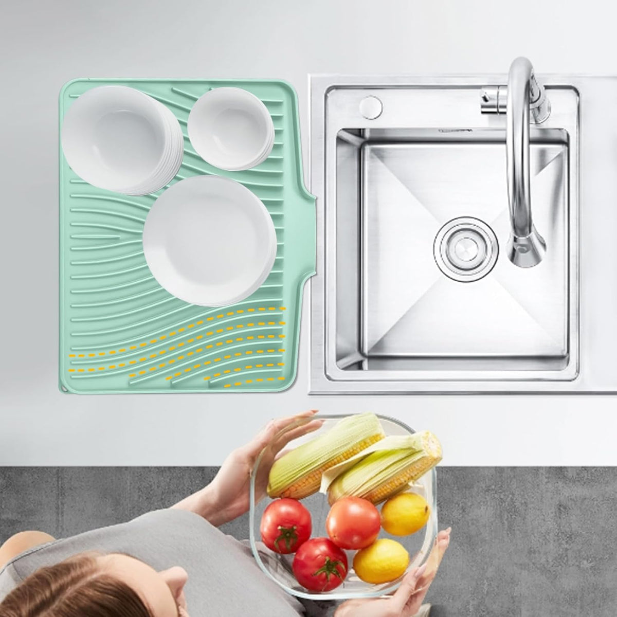 Silicone Dish Drying Mat for Kitchen Counter, Dish Drying Pad, Non-Slip Drain Pad with Built-in Drain, Heat Resistant Stone Drying Mat(15.8" x 13", Mint)