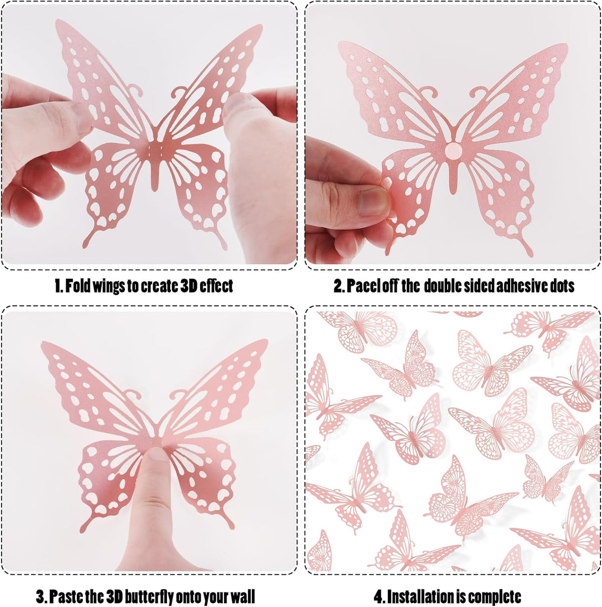 SAOROPEB 3D Butterfly Wall Decor - 48 Pcs, 4 Styles, 3 Sizes - Removable Wall Stickers for Pink Room Decor, Birthday Parties, Cake Decorations