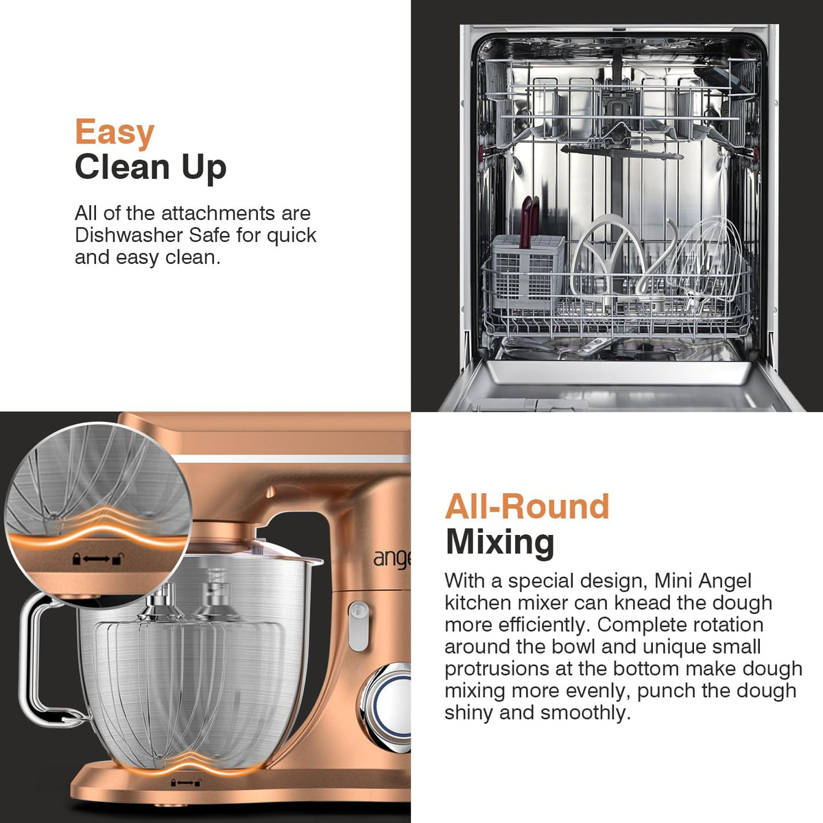 Mini Angel Stand Mixer,10-Speed 5QT Kitchen Electric Mixer,Tilt-Head Food Mixer with Dough Hook, Wire Whisk, Flat Beater, Stainless Steel Bowl (Champagne)