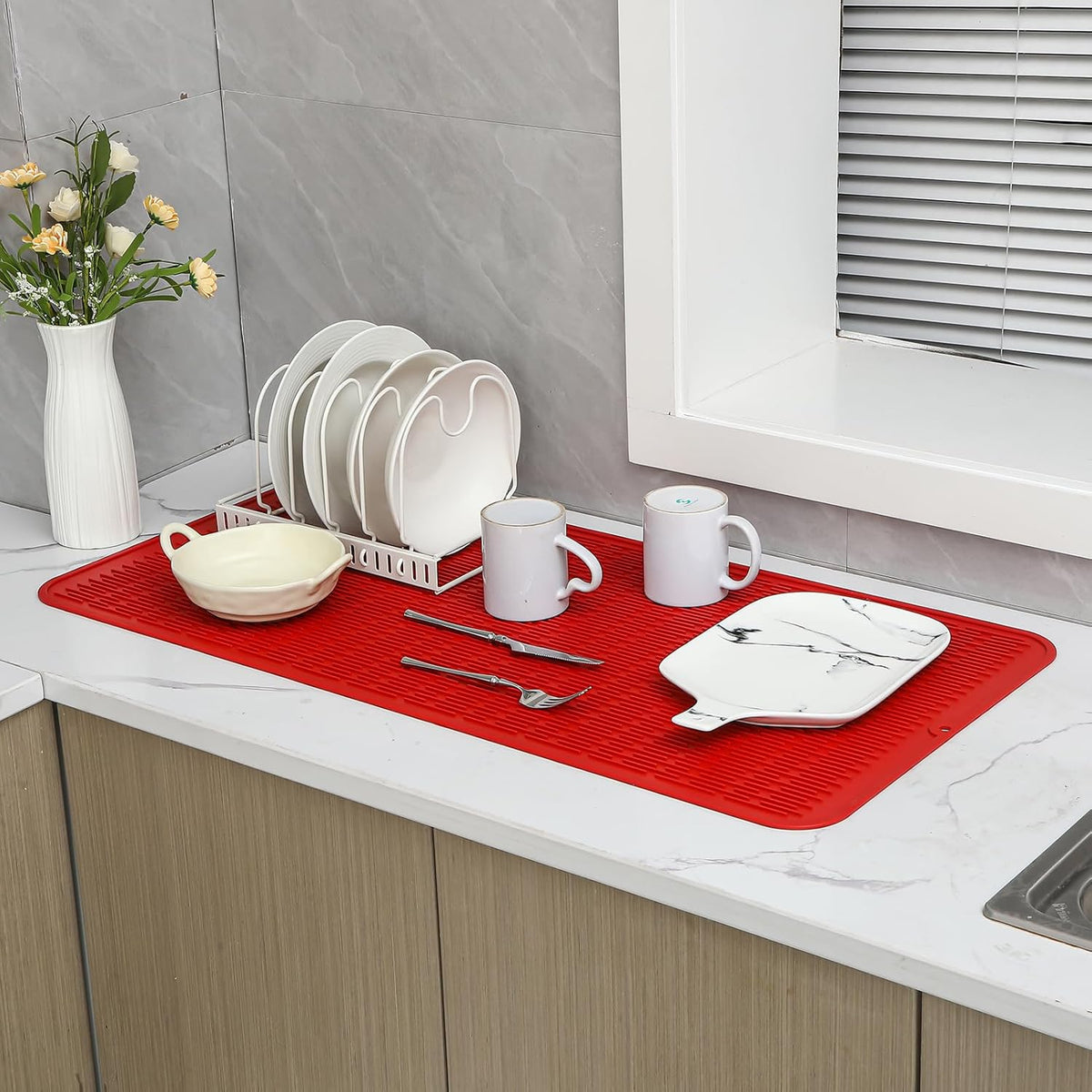 Silicone Dish Drying Mat for Multiple Usage,Easy clean,Eco-friendly,Heat-resistant Silicone Mat for Kitchen Counter or Sink,Refrigerator or Drawer Liner Red 5XL 36inches x 18inches