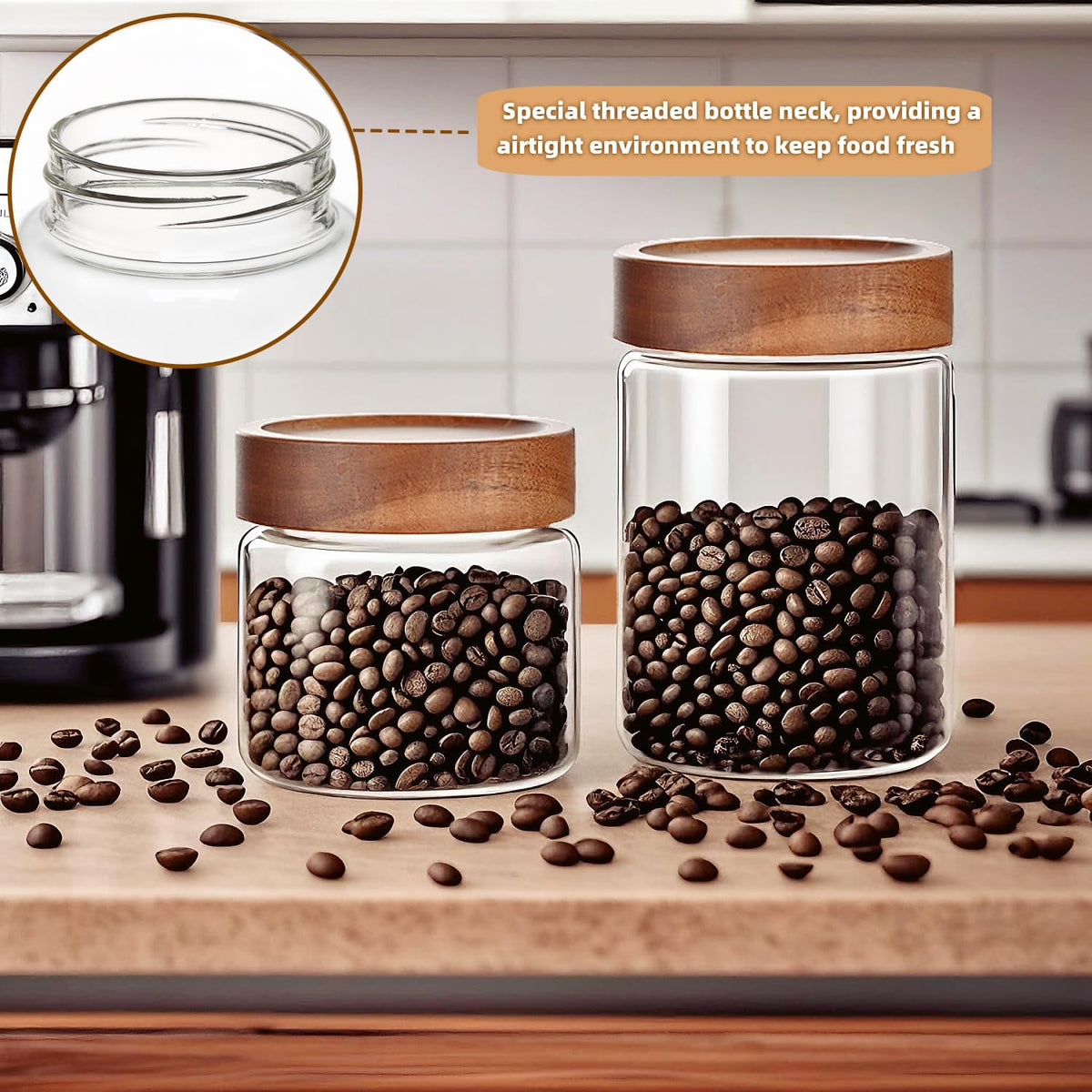 17 Fl oz/500 ml Glass Food Storage Jar, Premium Clear Glass Container Jar with Airtight Wooden Screw Lid, Kitchen Canisters for Coffee,Tea,Pasta,Cookies, Nuts,Spice,Candy,Overnight Oatmeal(Small)