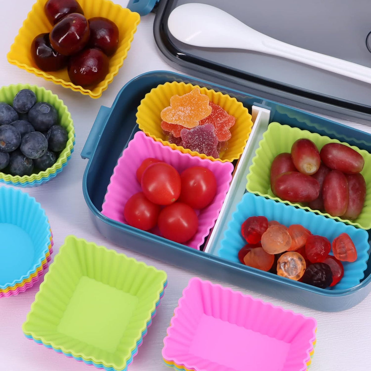 24Pack Silicone Muffin Cups, Reusable Cupcake Liners Molds for Baking, 3 Shapes Lunch Box Bento Dividers-Round, Square, and Rectangular (Colorsful, Regular Size)