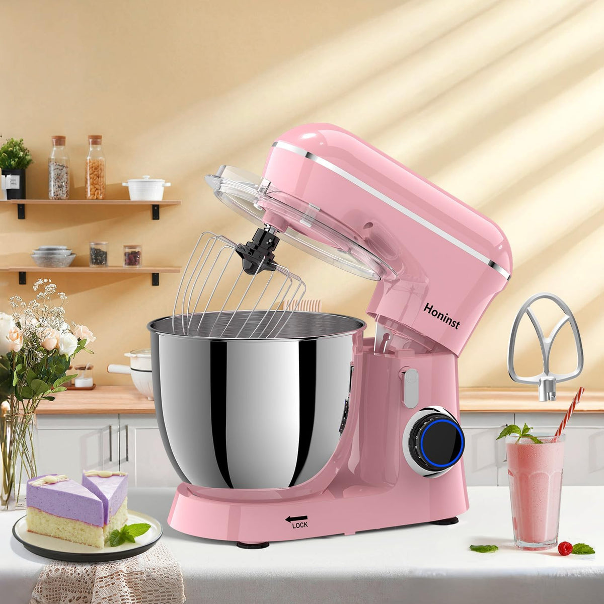 Stand Mixer, 6.5QT 10-Speed Tilt-Head Electric Stand Mixer, 3-In-1 Kitchen Mixer with Bowl, Dough Hook, Whisk and Beater, Food Mixer for Baking, Cake and Most Home Cooks, Pink