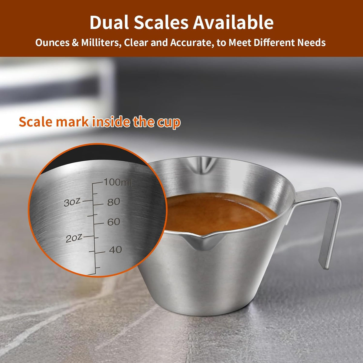 1Pc Stainless Steel Espresso Cups, Double Spout Metal Measuring Cup with Dual Scale, Espresso Shots Cup with Handle, 3.4oz/100ml