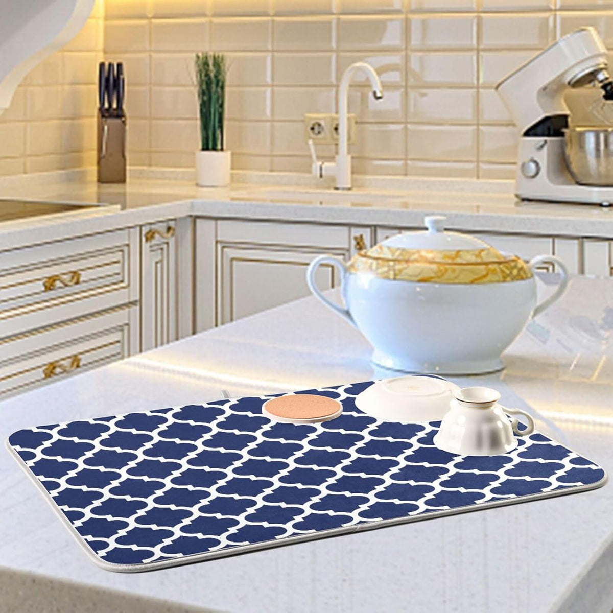 Navy Blue Trellis Lattice Dish Drying Mat for Kitchen Counter Absorbent Microfiber Drying Pad, Medium 16x18 in, Reversible Drainer Mats