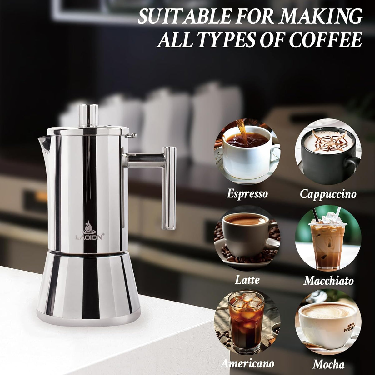 Stovetop Espresso Maker, 4Cup 6.8 oz Moka Pot, Stainless Steel Cuban and Italian Coffee Maker for Cafetera Cubana, Greca De Cafe Induction Stovetop Compatible, Coffee Gift for Home Travel