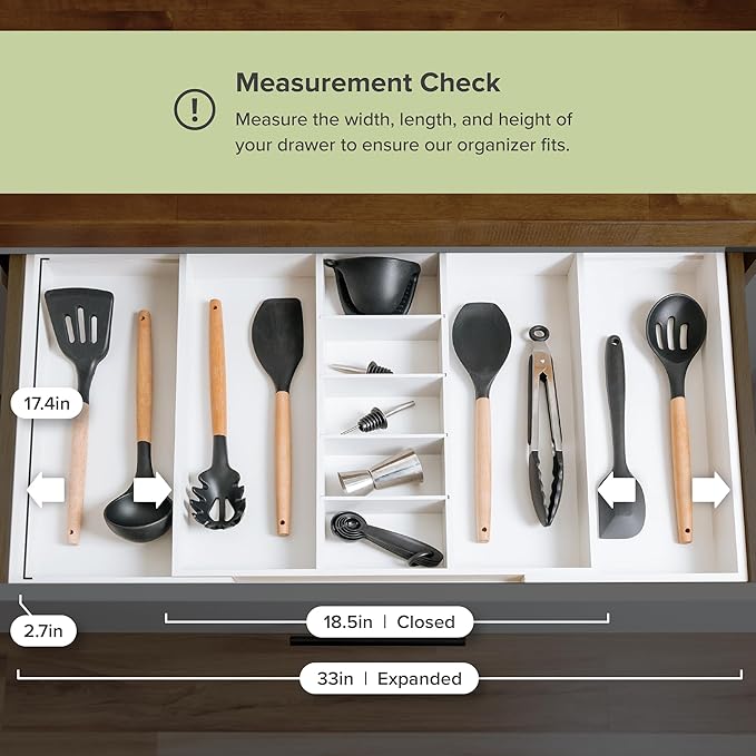 Adjustable Kitchen Drawer Organizer for Utensils and Junk, Food-Safe Contract Grade with 100% Sustainable Wood, Expandable from 19 to 33 Inches Wide - White Bamboo