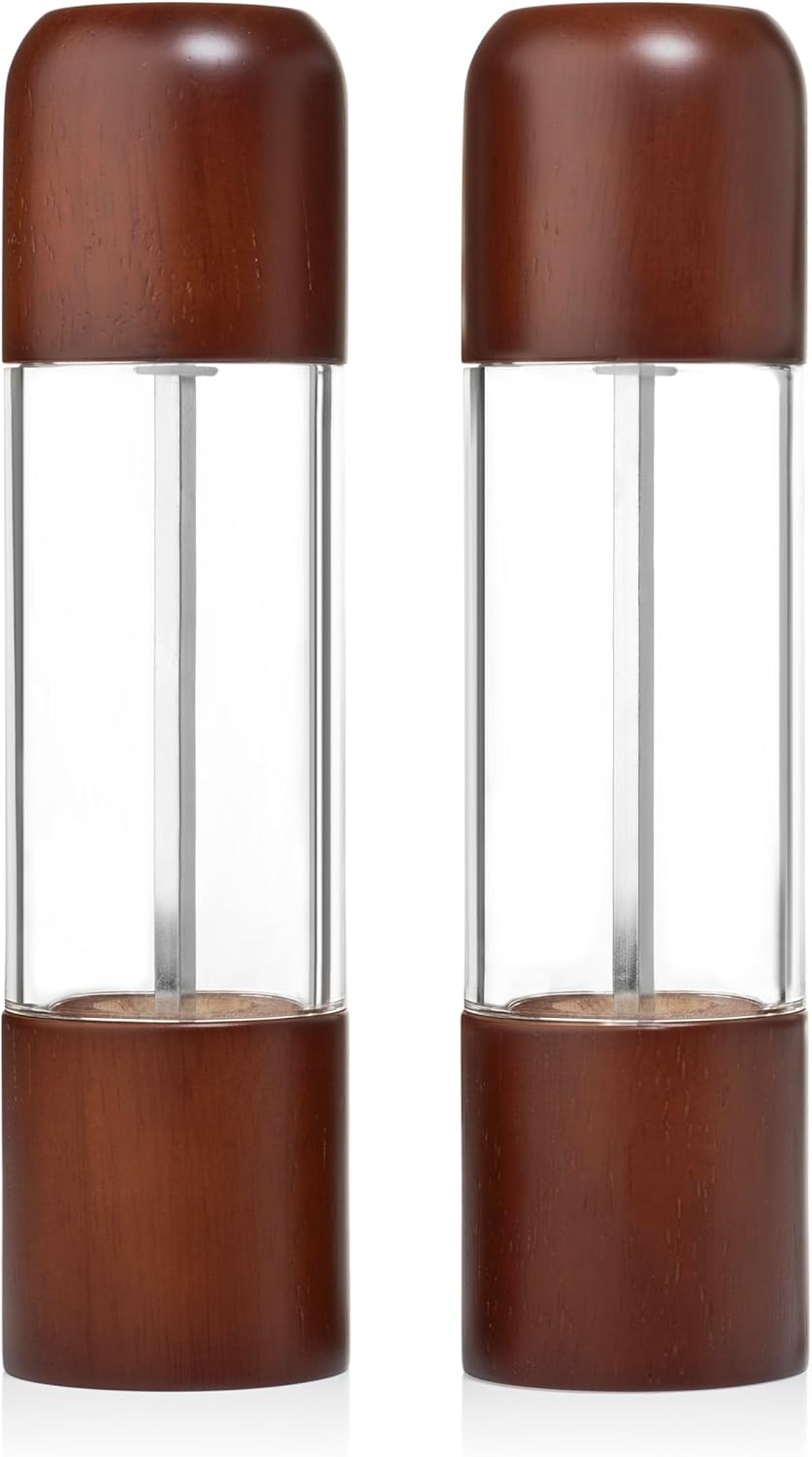 Salt and Pepper Grinder Set - Acrylic Salt and Pepper Grinders - Refillable Wooden Salt and Pepper Mill 8 inch Set of 2
