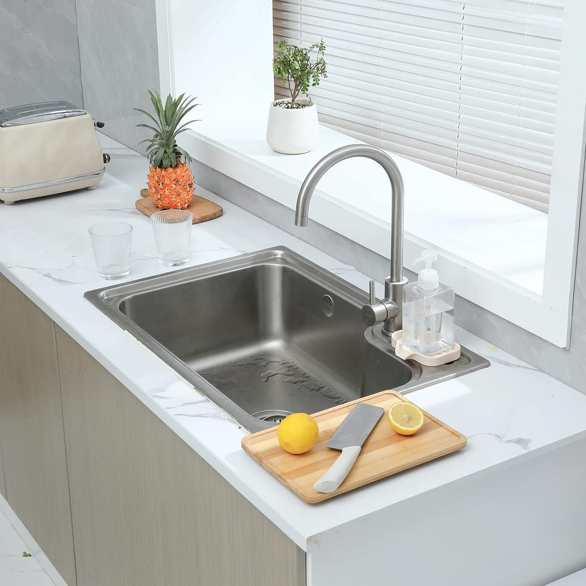 Silicone Bathroom Soap Dishes with Drain Spout-Bathroom and Kitchen Sink Organizer,Sponge Holder,Dish Soap Tray,Perfect for Dispenser,Scrubber,Bottle,Cup on Sink or Counter-Tapioca 4.9"ร3.2"