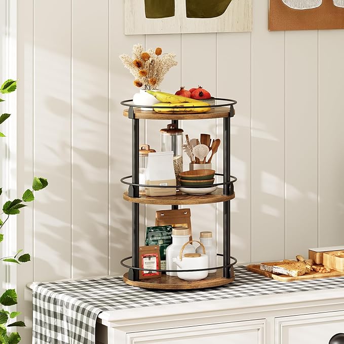 3-Tier Lazy Susan Organizer, Rotating Spice Rack, Spinning Organizer, Industrial Turntable Spice Rack Organizer for Cabinet, Kitchen Countertop, Pantry, Rustic Brown and Black SR23BR