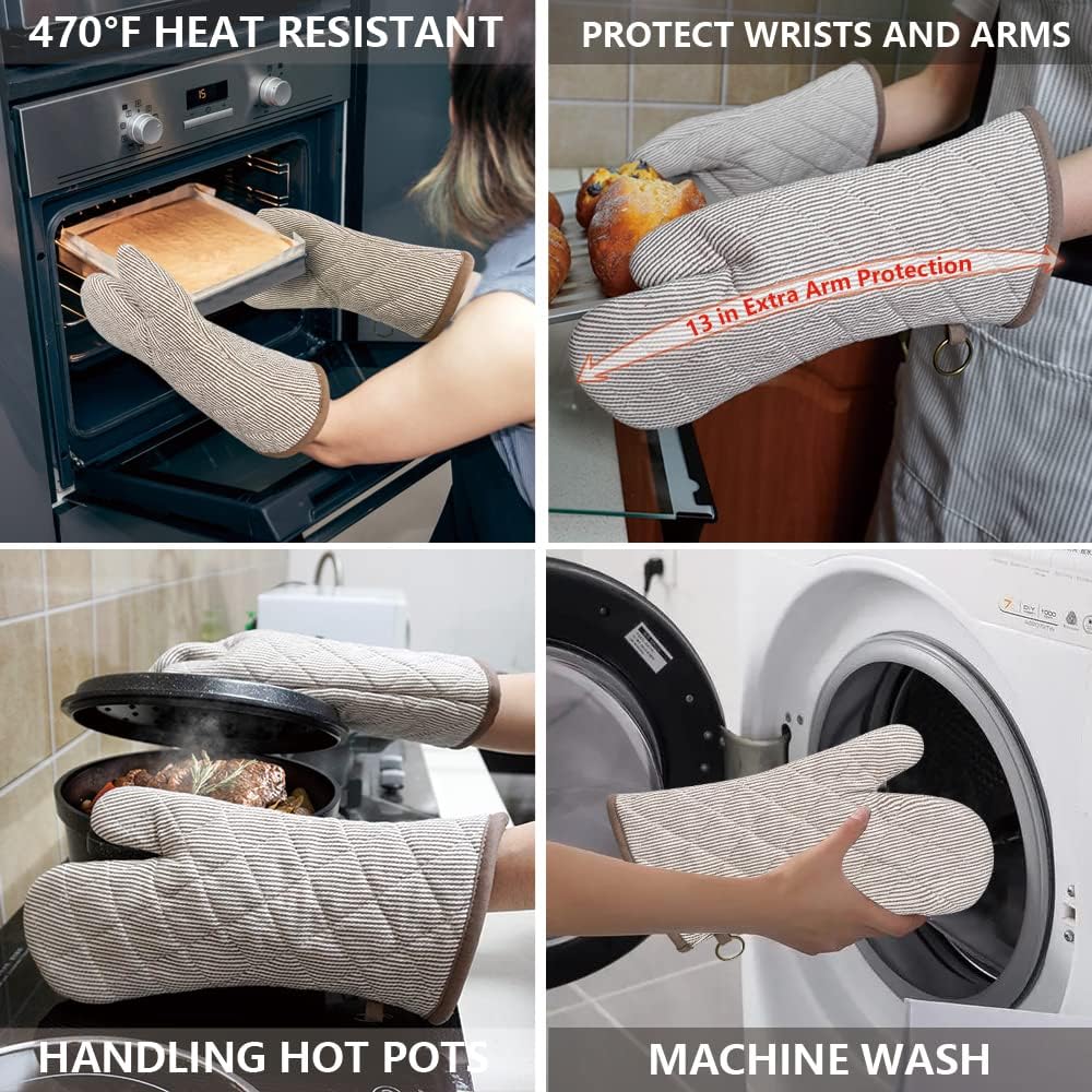 1 Pair Yarn Dyed Oven Mitts 100% Cotton Heat Resistant 470 Degree Gloves Men Women Cooking Baking Barbecue BBQ Microwave Crafting Machine Washable Pot Holders Mittens (Khaki)