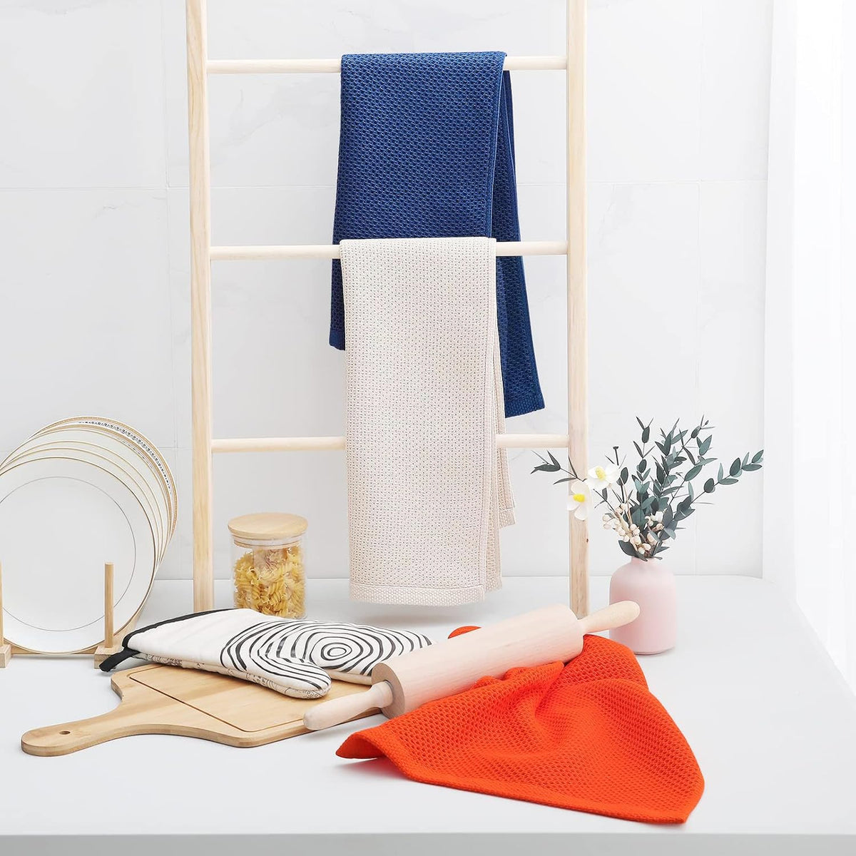 Homaxy 100% Cotton Waffle Weave Kitchen Dish Towels, Ultra Soft Absorbent Quick Drying Cleaning Towel, 13 x 28 Inches, 18-Pack, Navy Blue