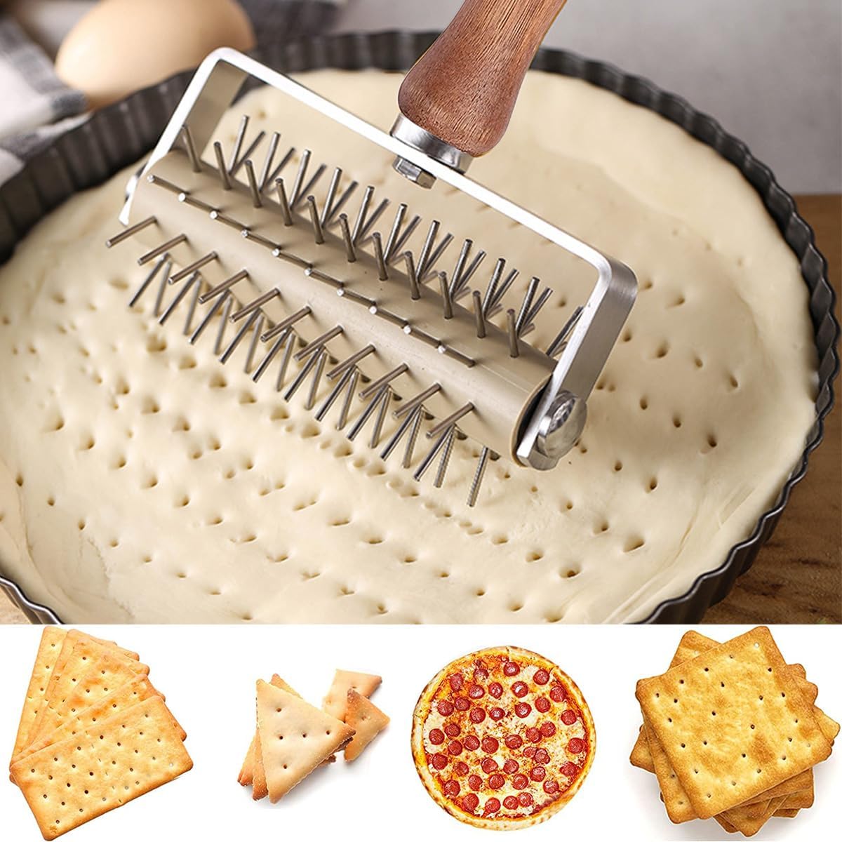 Dough Docker Roller Stainless Steel and Wooden Dough Roller, Set of 2 Pizza Pin Roller Dough Hole Maker Wood Pastry Pizza Roller for Pizza, Cookie, Pie, Pastry, Bread, Crust