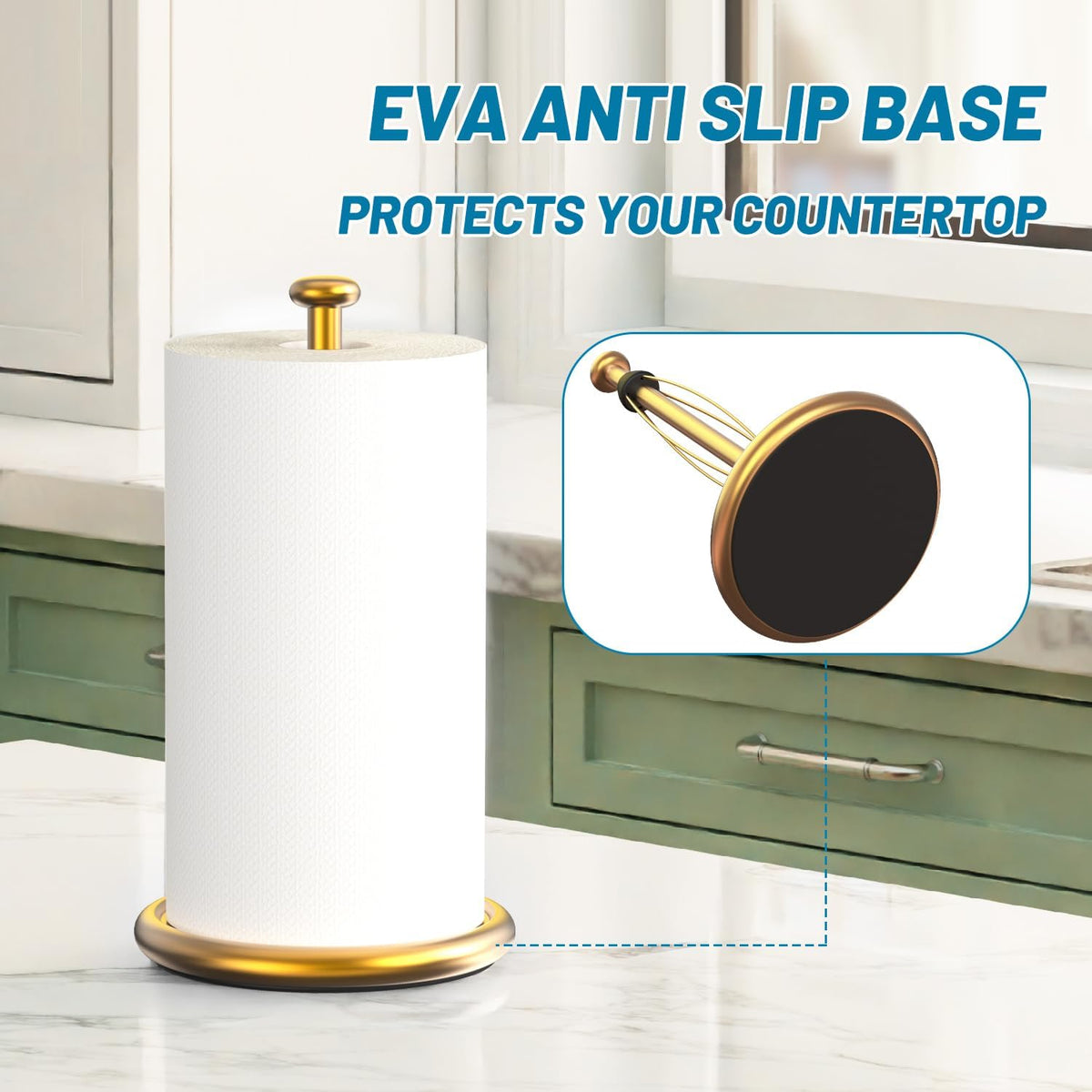 VEHHE Gold Paper Towel Holder Countertop with Weighted Base, One-Handed Tear Kitchen Towel Holder with Damping Function and EVA Non-Slip Pad for Bathroom