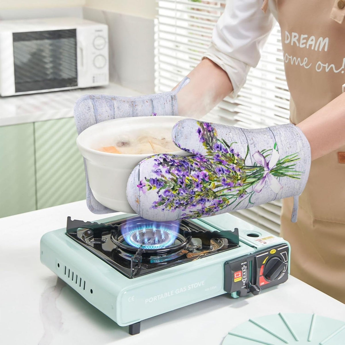 Wood Spring Lavender Oven Mitts Pot Holders Set Silicone Lavenders Kitchen Oven Mitts Heat Resistant Potholders Non-Slip 4pcs Hot Pads and Lilac Flower Oven Gloves Sets for Baking