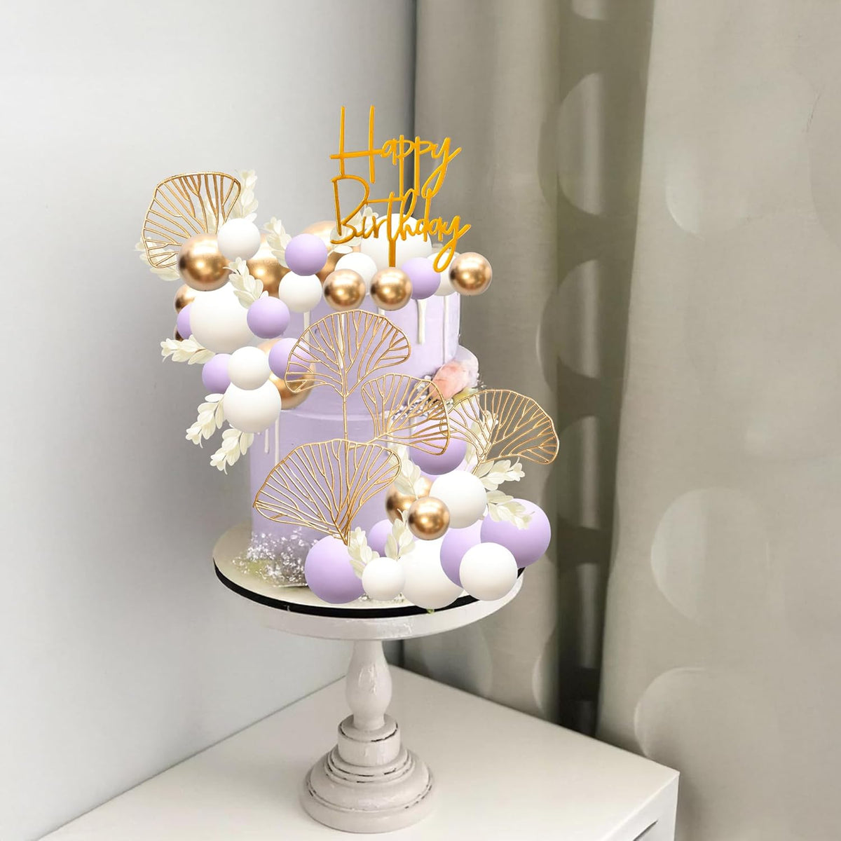 Gyufise 57Pcs Balls Cake Topper Boho Grass Cake topper Pearl Balls Acrylic Happy Birthday Cake Decorations for Wedding Baby Shower Birthday Boho Themed Party Supplies Purple