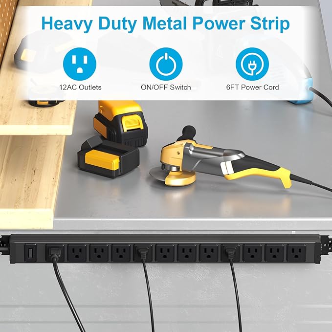 HHSOET 360° Rotating 12 Outlet Mountable Power Strip, Aluminum Alloy Power Strip Extension Cord, Heavy Duty Wall Mount Surge Protector with Switch, Works Great and Very Versatile, 6ft Power Cord.Black