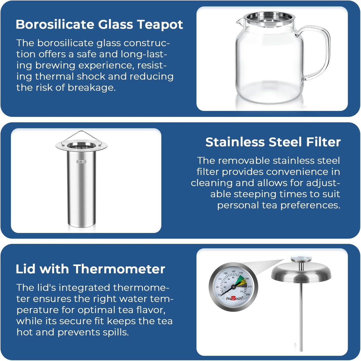 Aquach 68oz Glass Teapot with Built-in Thermometer, Stovetop & Dishwasher Safe, Borosilicate Carafe and Stainless Steel Removable Infuser