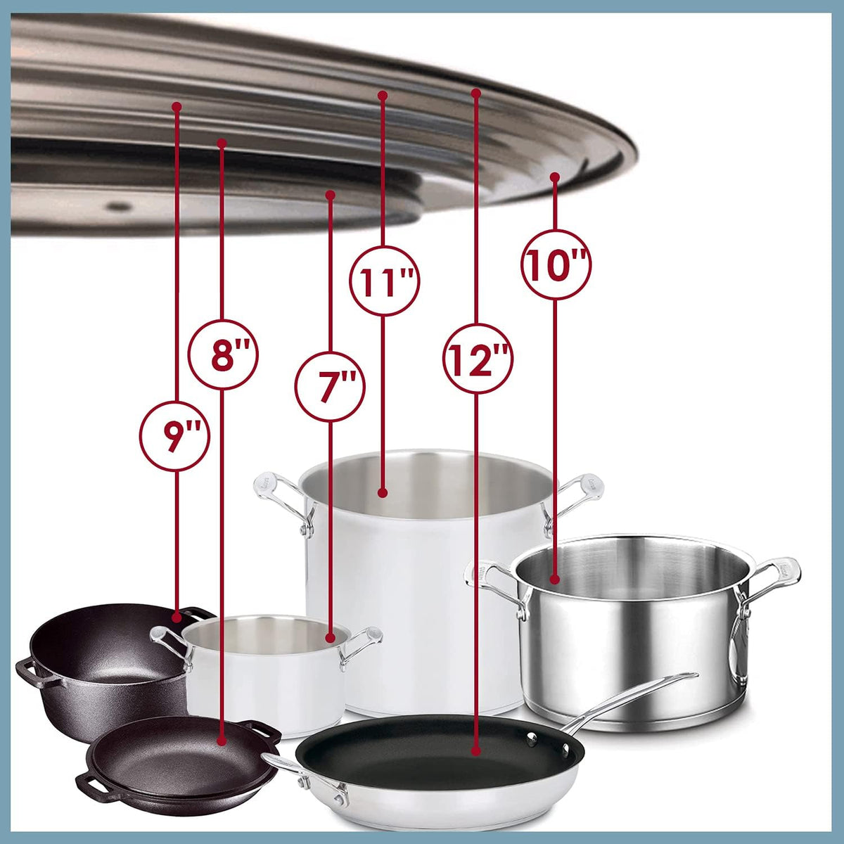Stainless Steel Universal Lid for Pots, Pans and Skillets - Fits 7" to 12" Pot and Pans - Tempered Glass with Stainless Steel Rim Replacement Frying Pan Cover and Cast Iron Skillet Lid